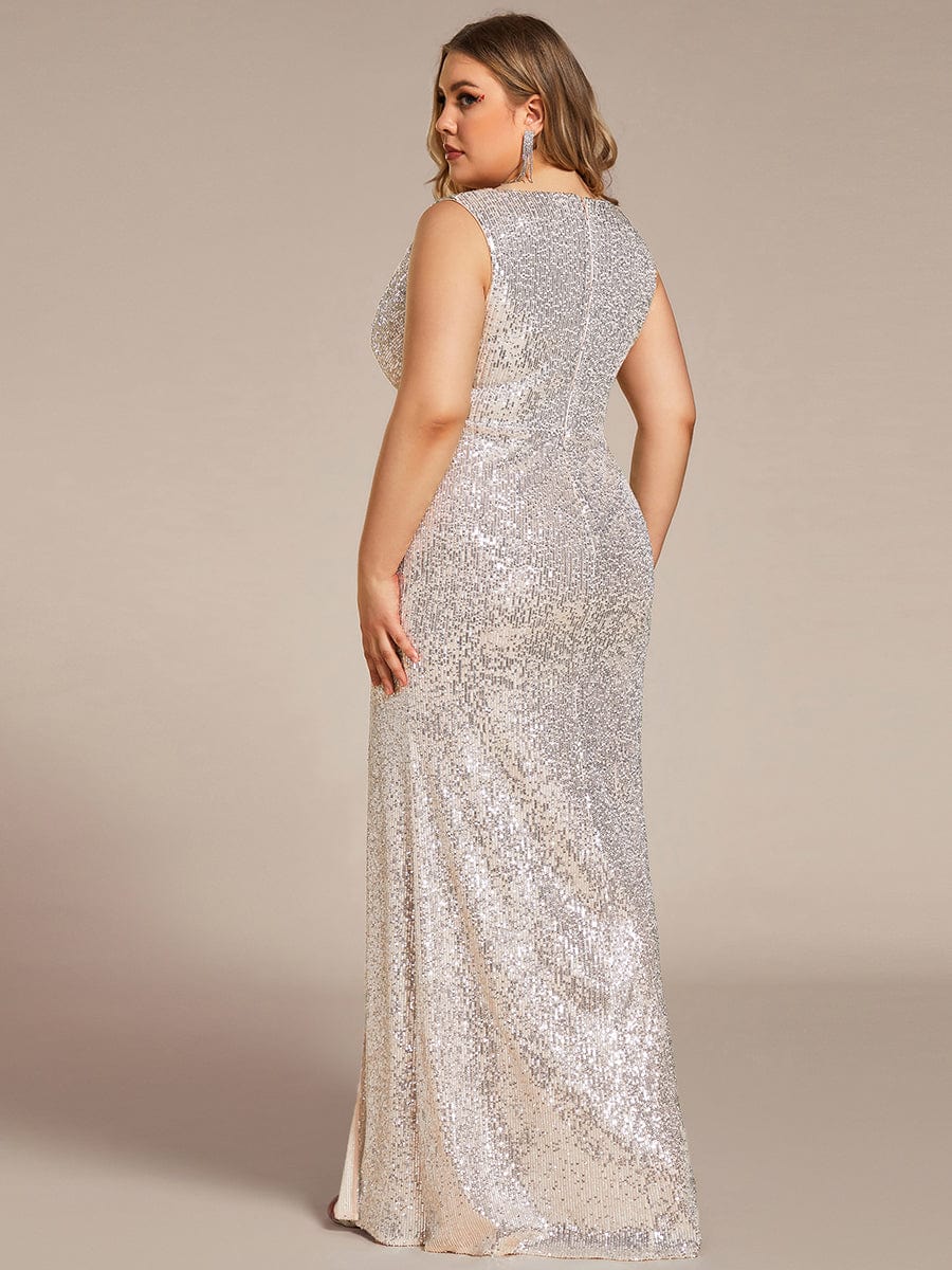 Shiny Sleeveless Sequin Deep V-Neck High Split Evening Dress #color_Charcoal