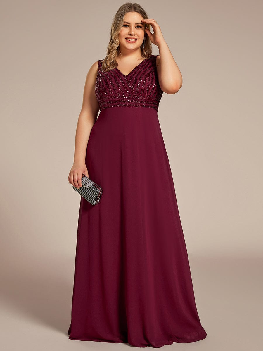 Sequin Sleeveless Double V-Neck Formal Evening Dress #color_Burgundy