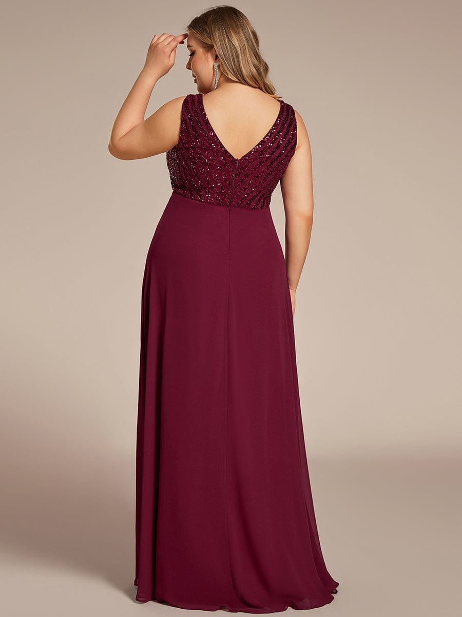 Sequin Sleeveless Double V-Neck Formal Evening Dress #color_Burgundy