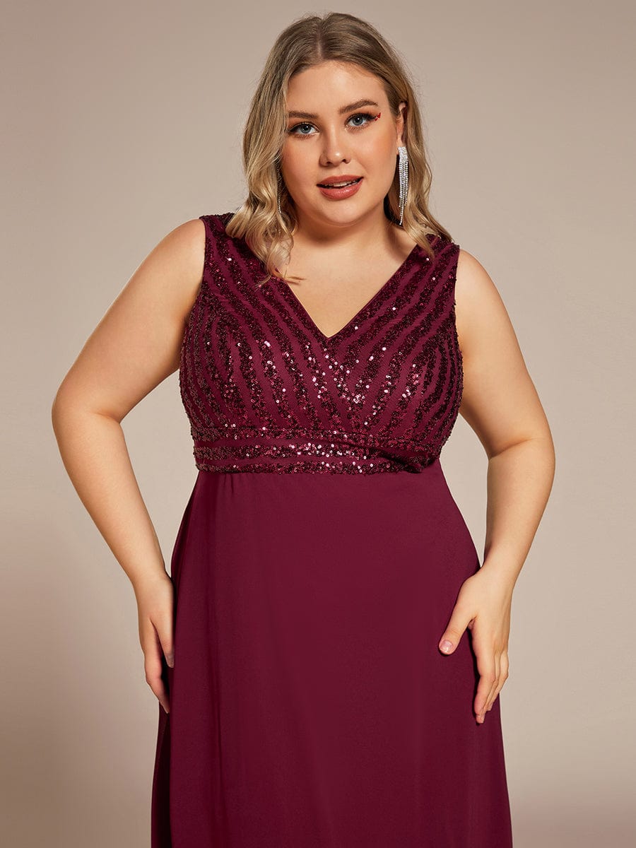 Sequin Sleeveless Double V-Neck Formal Evening Dress #color_Burgundy