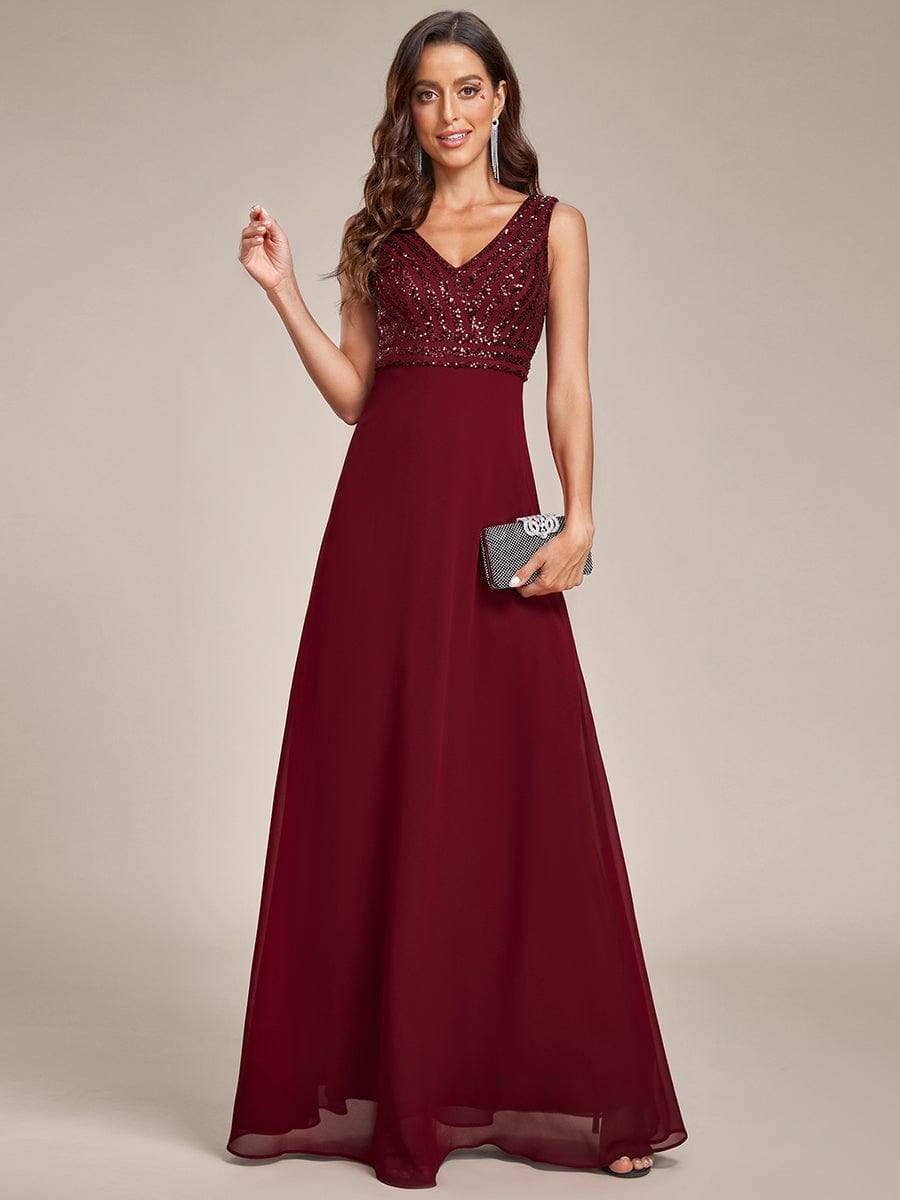 Sequin Sleeveless Double V-Neck Formal Evening Dress #color_Burgundy