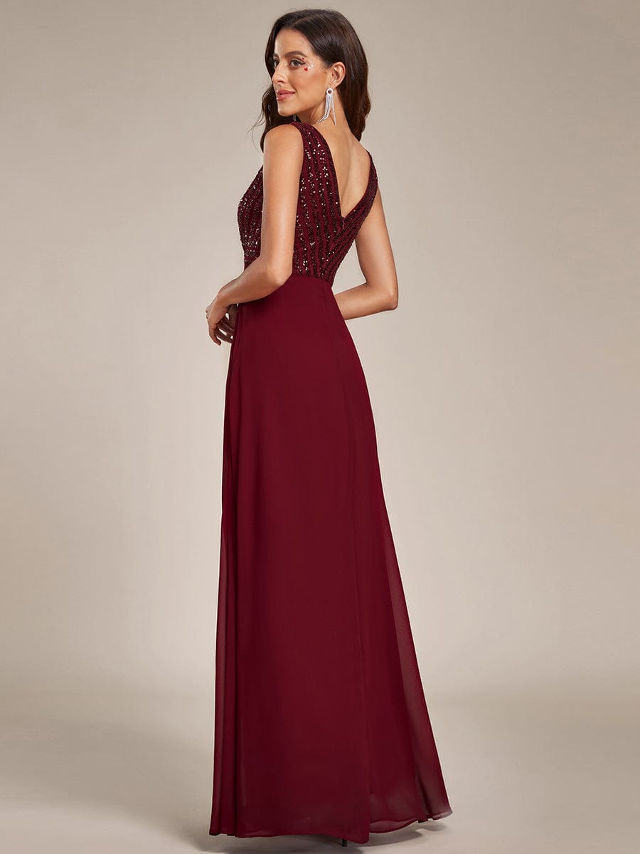 Sequin Sleeveless Double V-Neck Formal Evening Dress #color_Burgundy