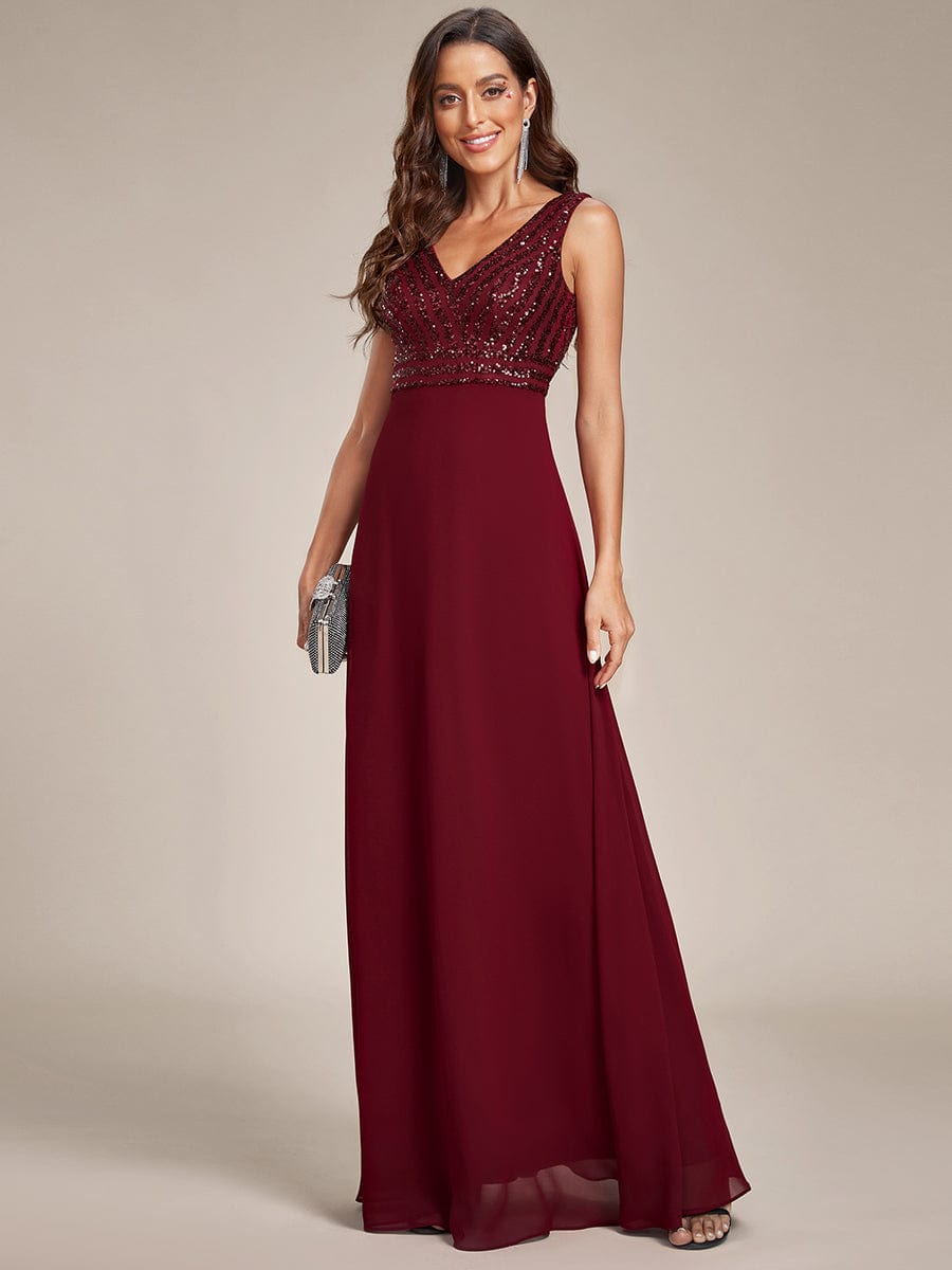 Sequin Sleeveless Double V-Neck Formal Evening Dress #color_Burgundy