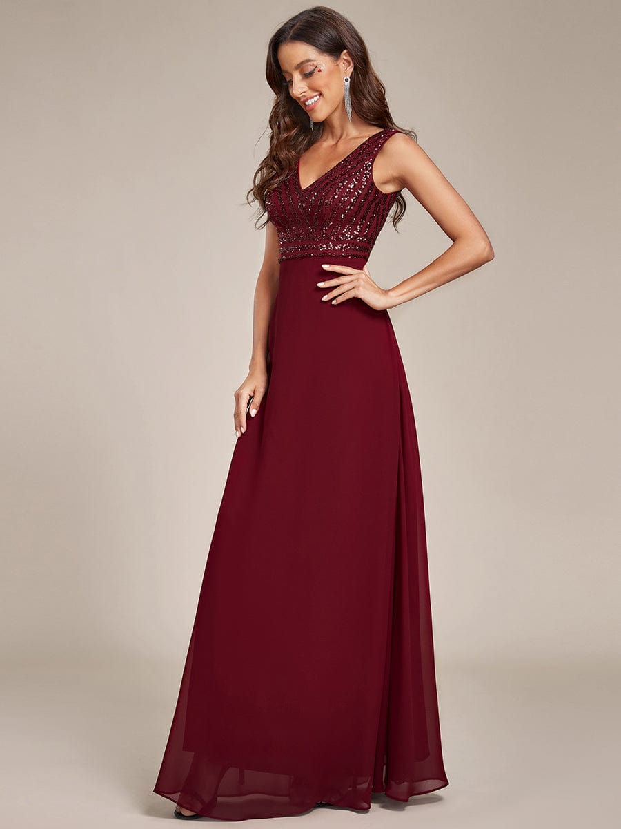 Sequin Sleeveless Double V-Neck Formal Evening Dress #color_Burgundy