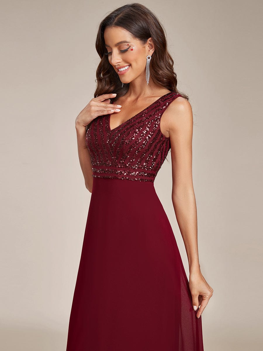 Sequin Sleeveless Double V-Neck Formal Evening Dress #color_Burgundy