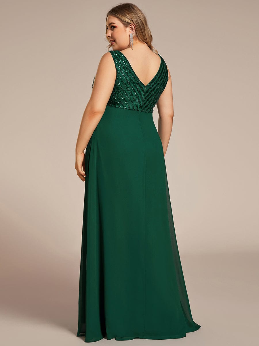 Sequin Sleeveless Double V-Neck Formal Evening Dress #color_Dark Green