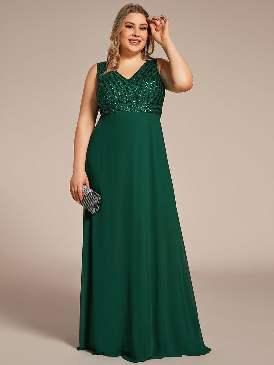 Sequin Sleeveless Double V-Neck Formal Evening Dress #color_Dark Green