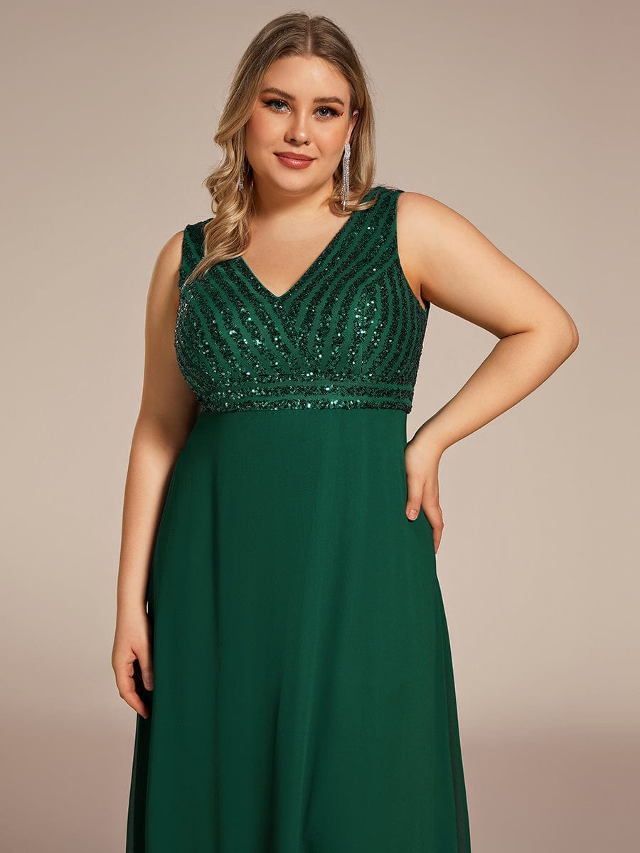 Sequin Sleeveless Double V-Neck Formal Evening Dress #color_Dark Green