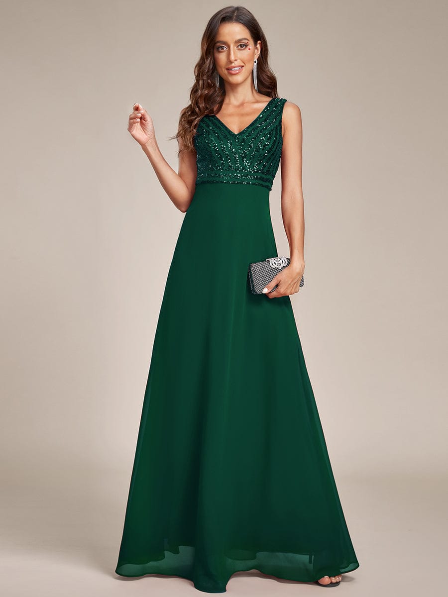 Sequin Sleeveless Double V-Neck Formal Evening Dress #color_Dark Green