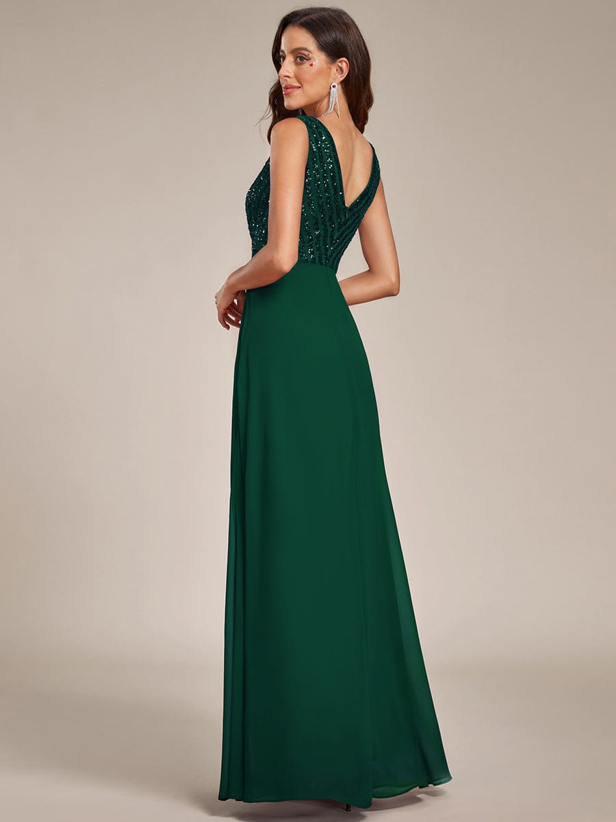 Sequin Sleeveless Double V-Neck Formal Evening Dress #color_Dark Green