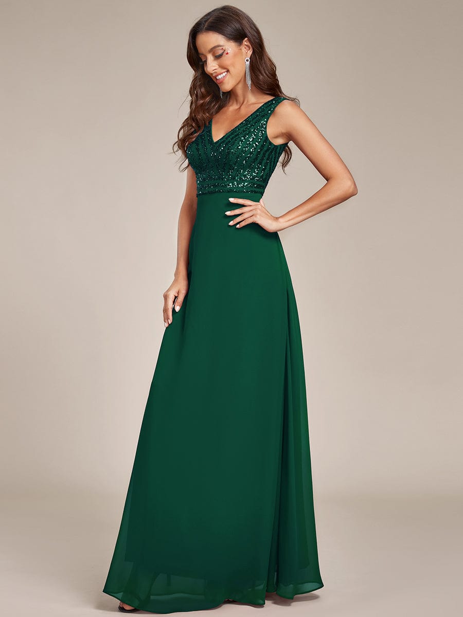 Sequin Sleeveless Double V-Neck Formal Evening Dress #color_Dark Green