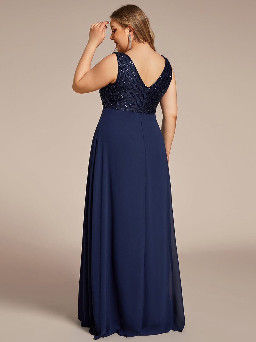 Sequin Sleeveless Double V-Neck Formal Evening Dress #color_Navy Blue