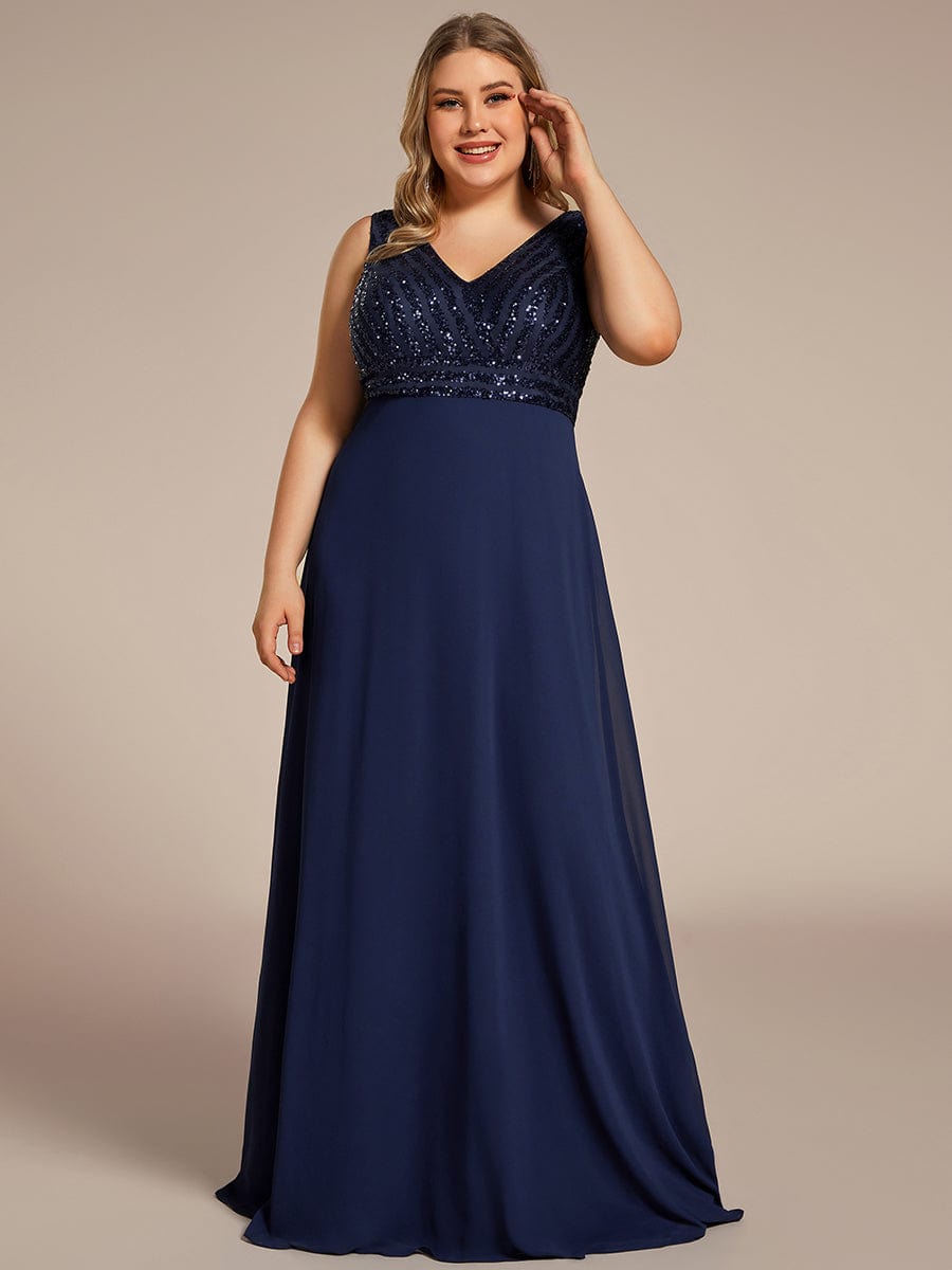 Plus Size Sequin Sleeveless Double V-Neck Formal Evening Dress #color_Navy Blue