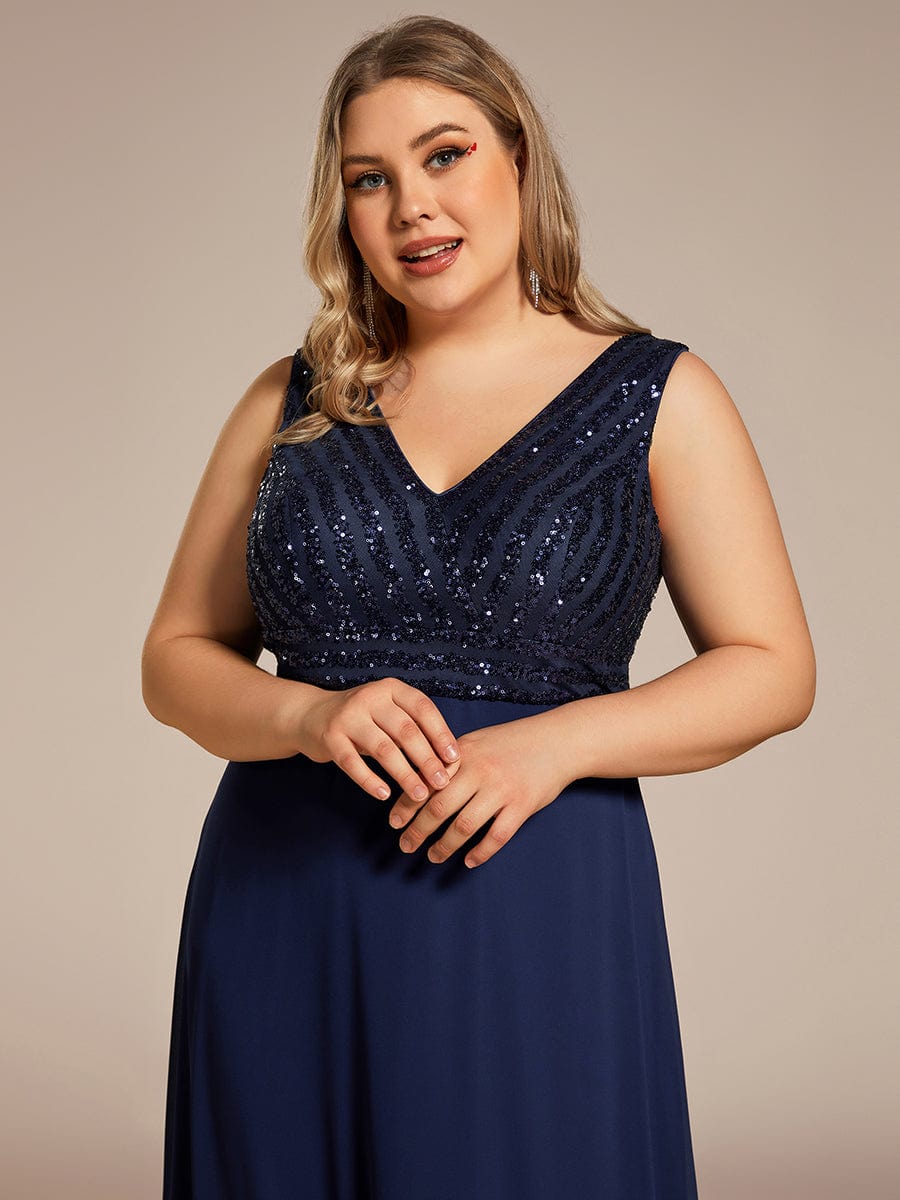 Sequin Sleeveless Double V-Neck Formal Evening Dress #color_Navy Blue