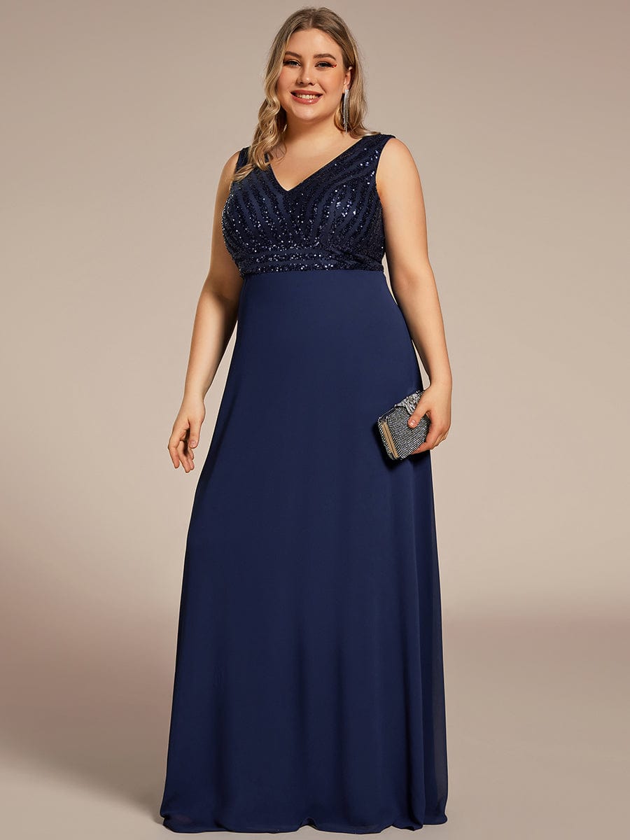 Sequin Sleeveless Double V-Neck Formal Evening Dress #color_Navy Blue