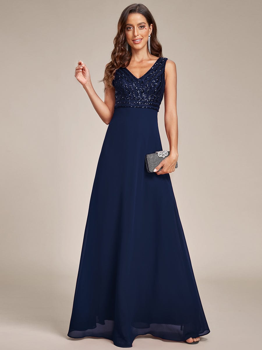 Sequin Sleeveless Double V-Neck Formal Evening Dress #color_Navy Blue