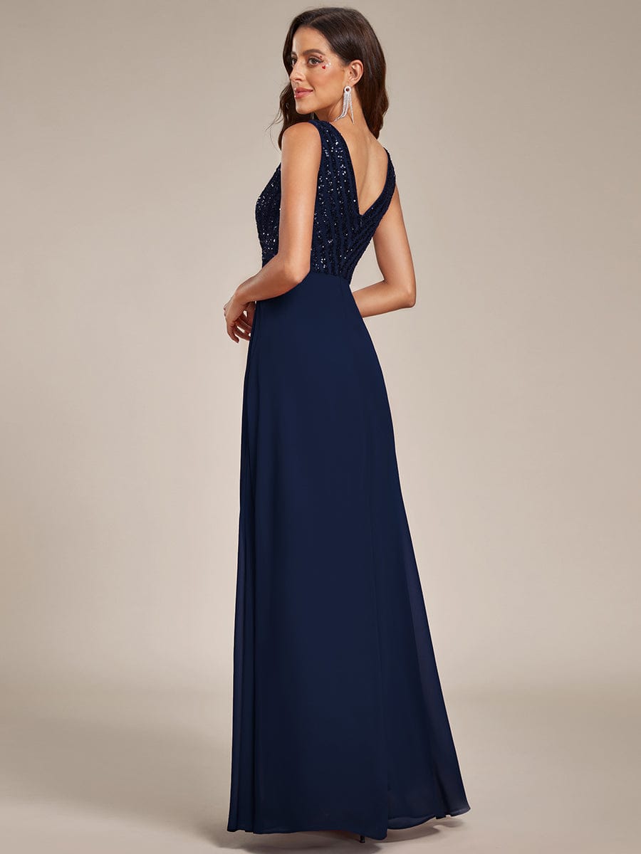 Sequin Sleeveless Double V-Neck Formal Evening Dress #color_Navy Blue