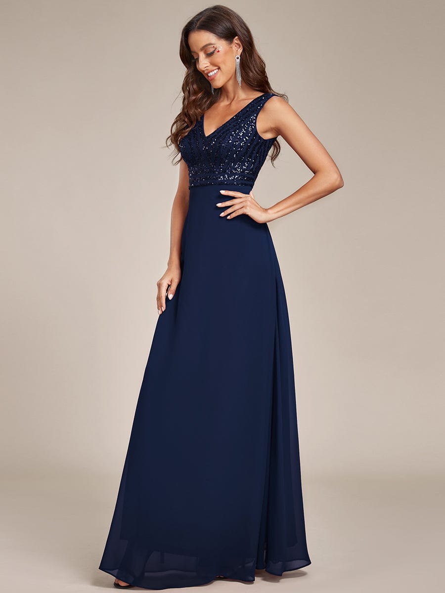 Sequin Sleeveless Double V-Neck Formal Evening Dress #color_Navy Blue