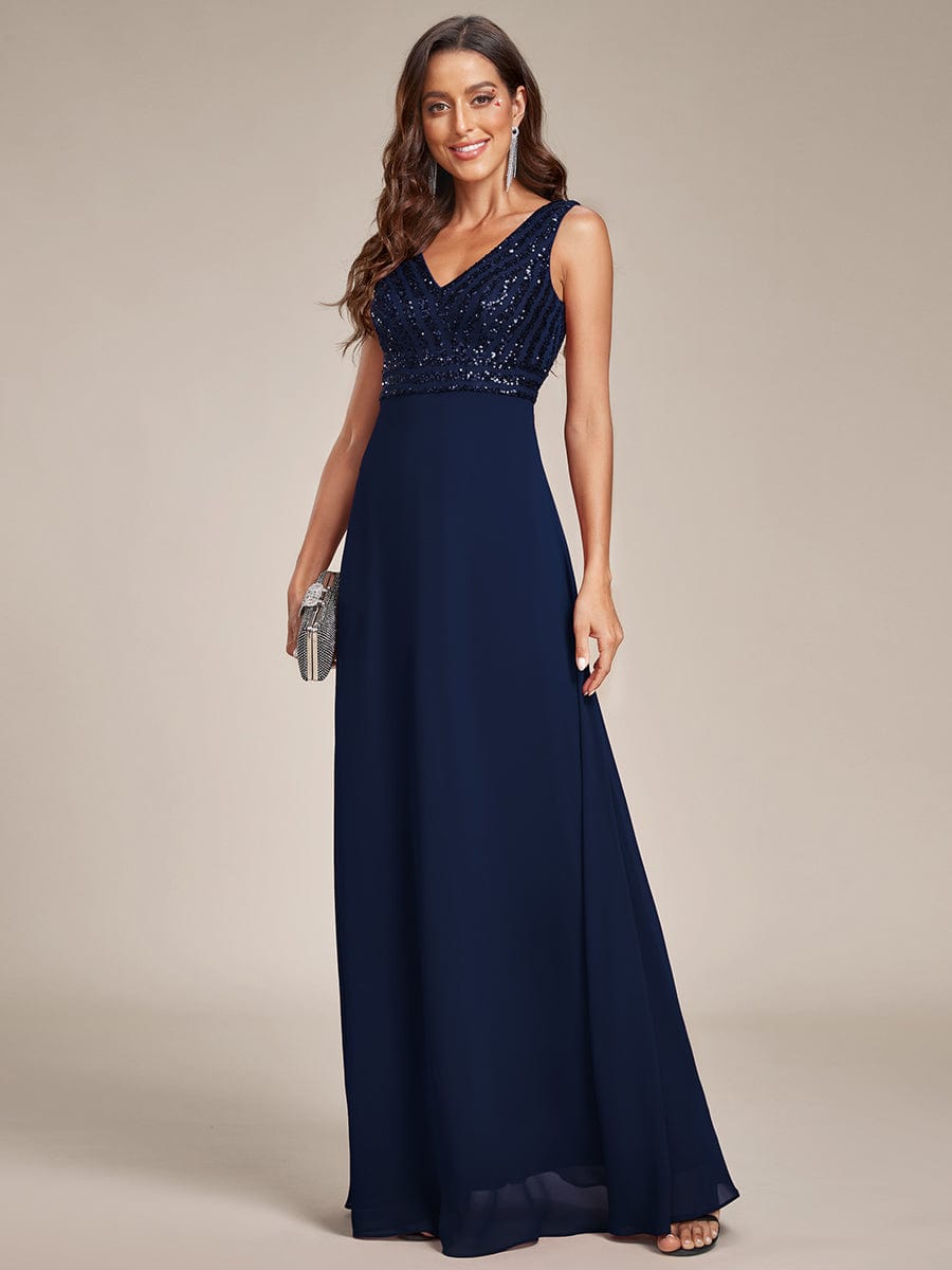 Sequin Sleeveless Double V-Neck Formal Evening Dress #color_Navy Blue