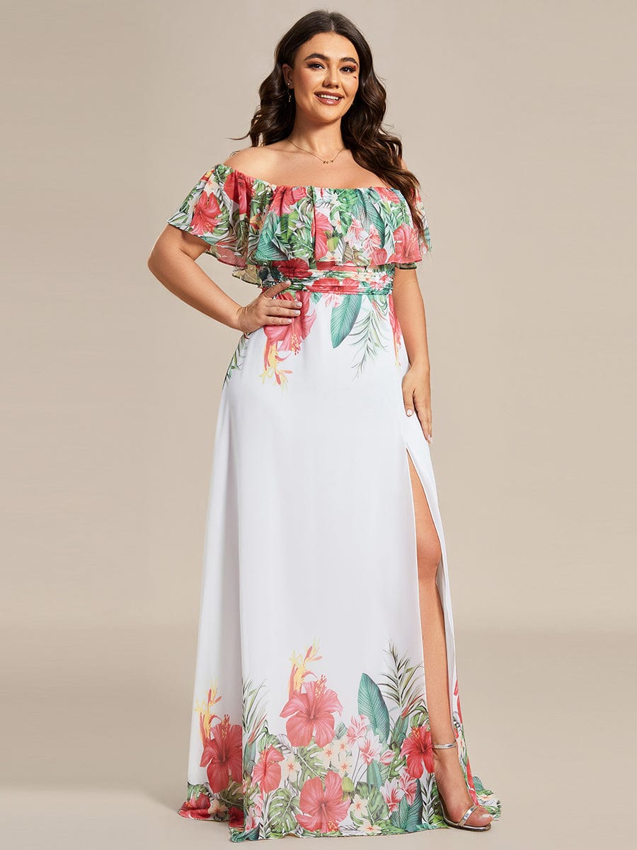 Summer Plus Size Off the Shoulder Elastic Waist Printed Evening Dress #color_White Red