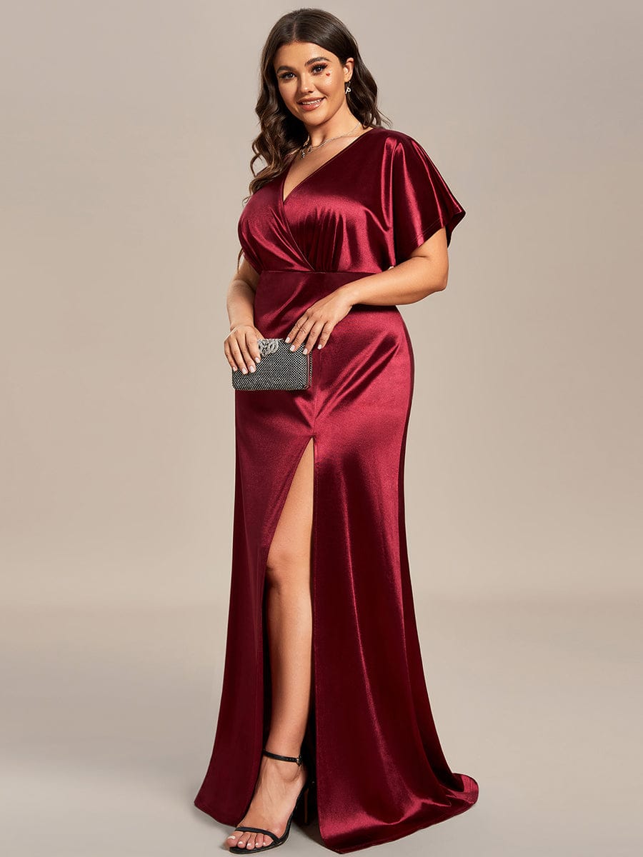 Plus Size High Front Slit Bat-Wing Sleeve Satin Evening Dress #color_Burgundy