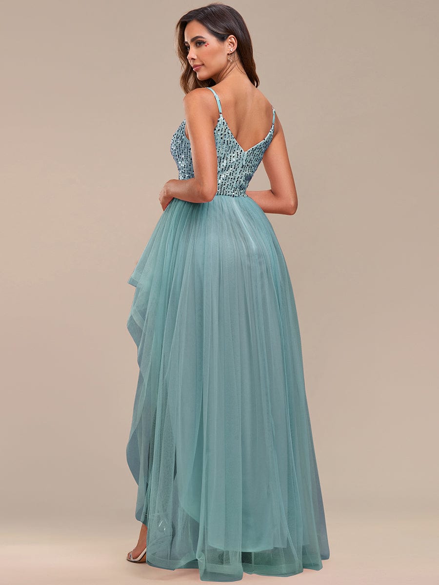 Spaghetti Strap Sequin Top A-Line High Low Tulle Evening Dress #color_Light Teal