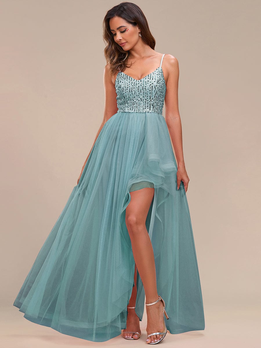 Spaghetti Strap Sequin Top A-Line High Low Tulle Evening Dress #color_Light Teal