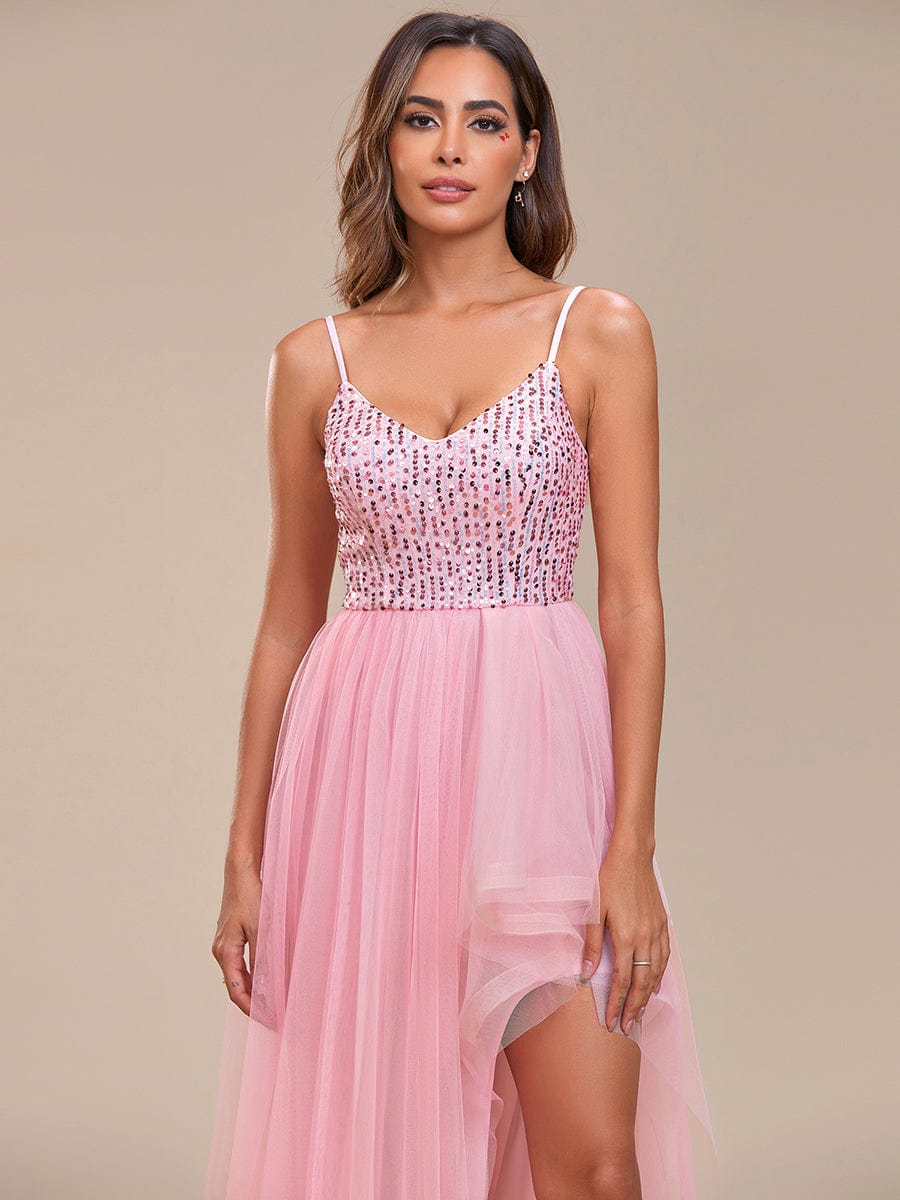 Spaghetti Strap Sequin Top A-Line High Low Tulle Evening Dress #color_Pink