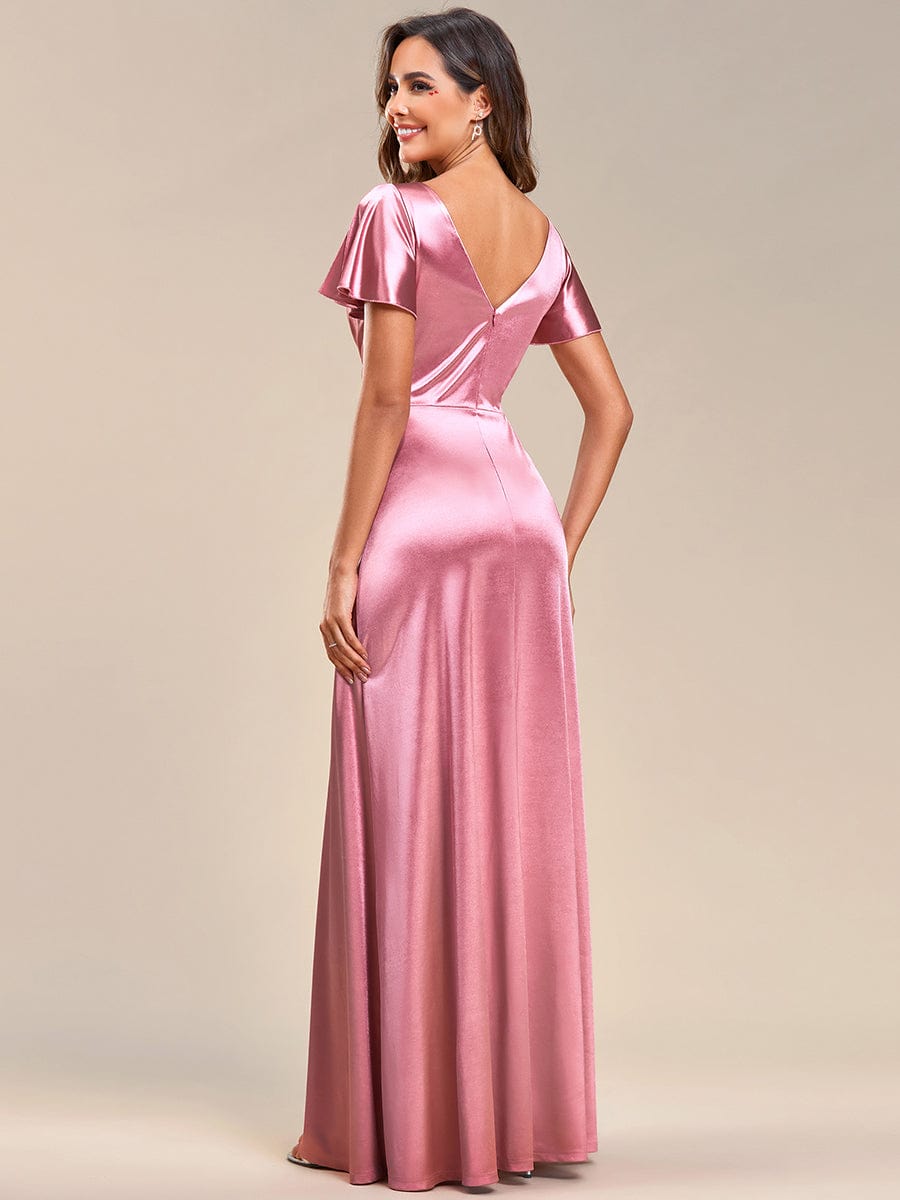 Ruffles Sleeve A-Line Pleated Satin Back V-Neck Evening Dress #color_Purple Orchid