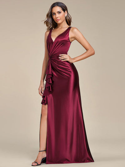 Shop the Sophisticated Pleated Sleeveless V-Neck High Slit Satin ...