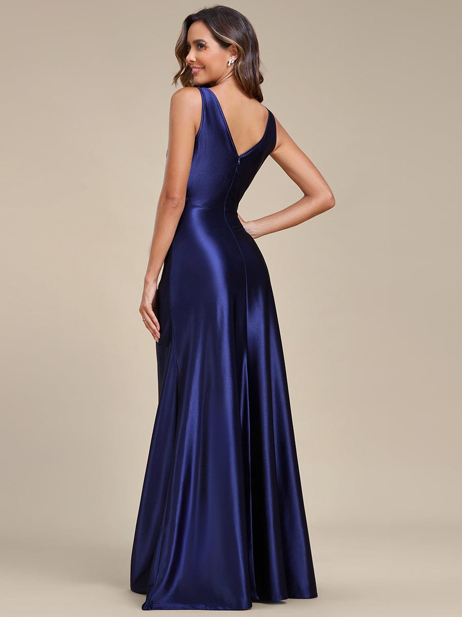 Deep V-Neck Stylish Waist Pleated High Slit Satin Evening Dress #color_Navy Blue