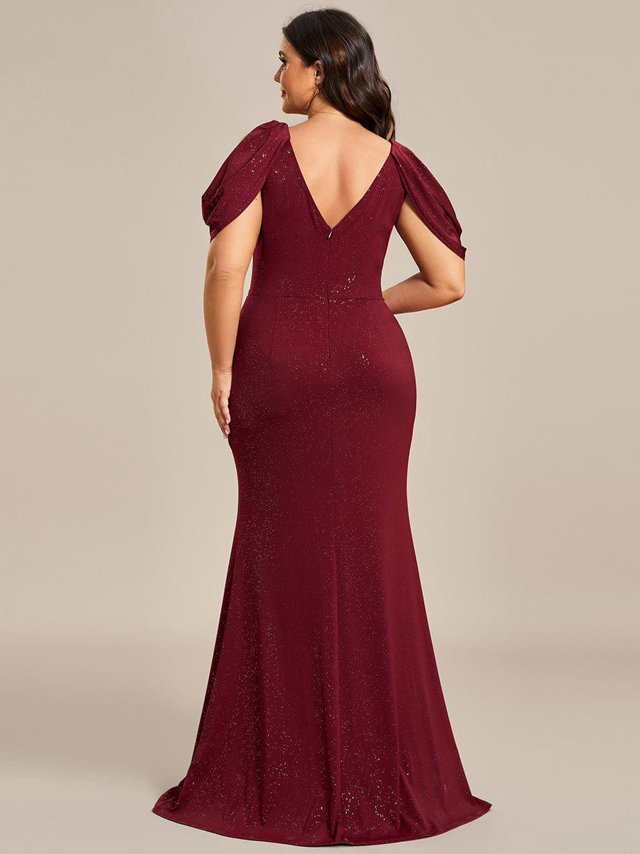 Cold Shoulder Puff Sleeve Shiny Belt Backless Glitter Evening Dress #color_Burgundy