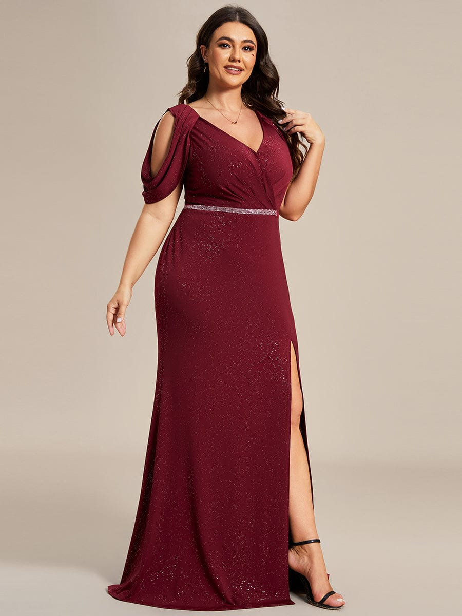 Plus Size Sparkly Glitter Cold Shoulder Shiny Belt Backless Evening Dress #color_Burgundy