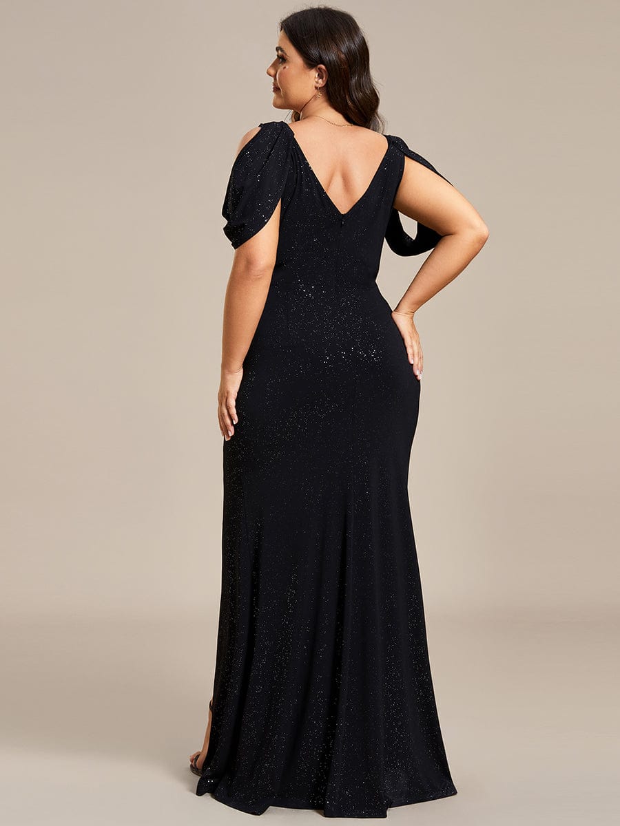 Cold Shoulder Puff Sleeve Shiny Belt Backless Glitter Evening Dress #color_Black