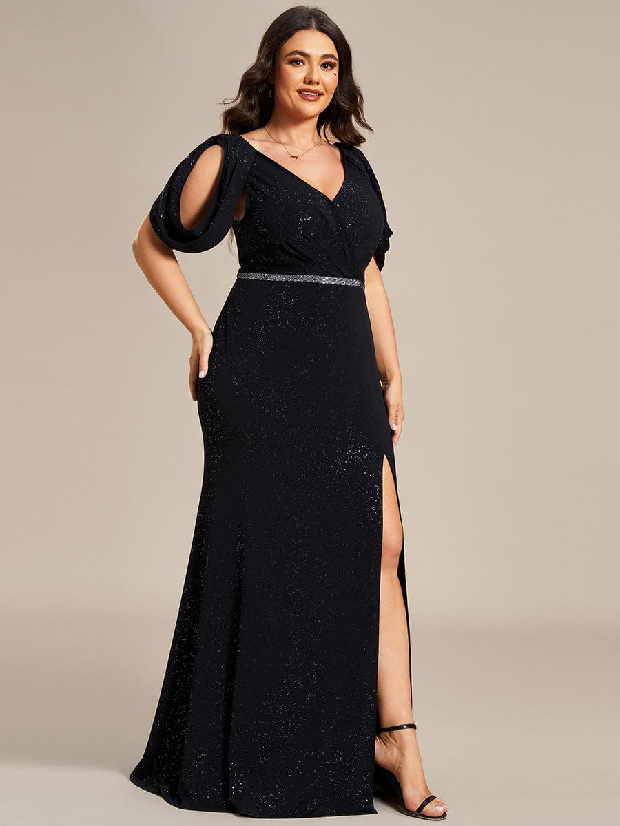 Plus Size Shiny Belt V Neck Cold Shoulder Puff Sleeve Glitter Evening