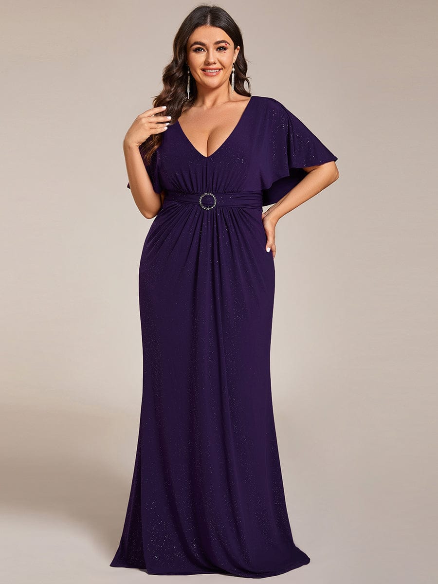 Glittery V-Neck Pleated Bat-Wing Sleeve Bodycon Waist-Cinching Evening Dress #color_Dark Purple