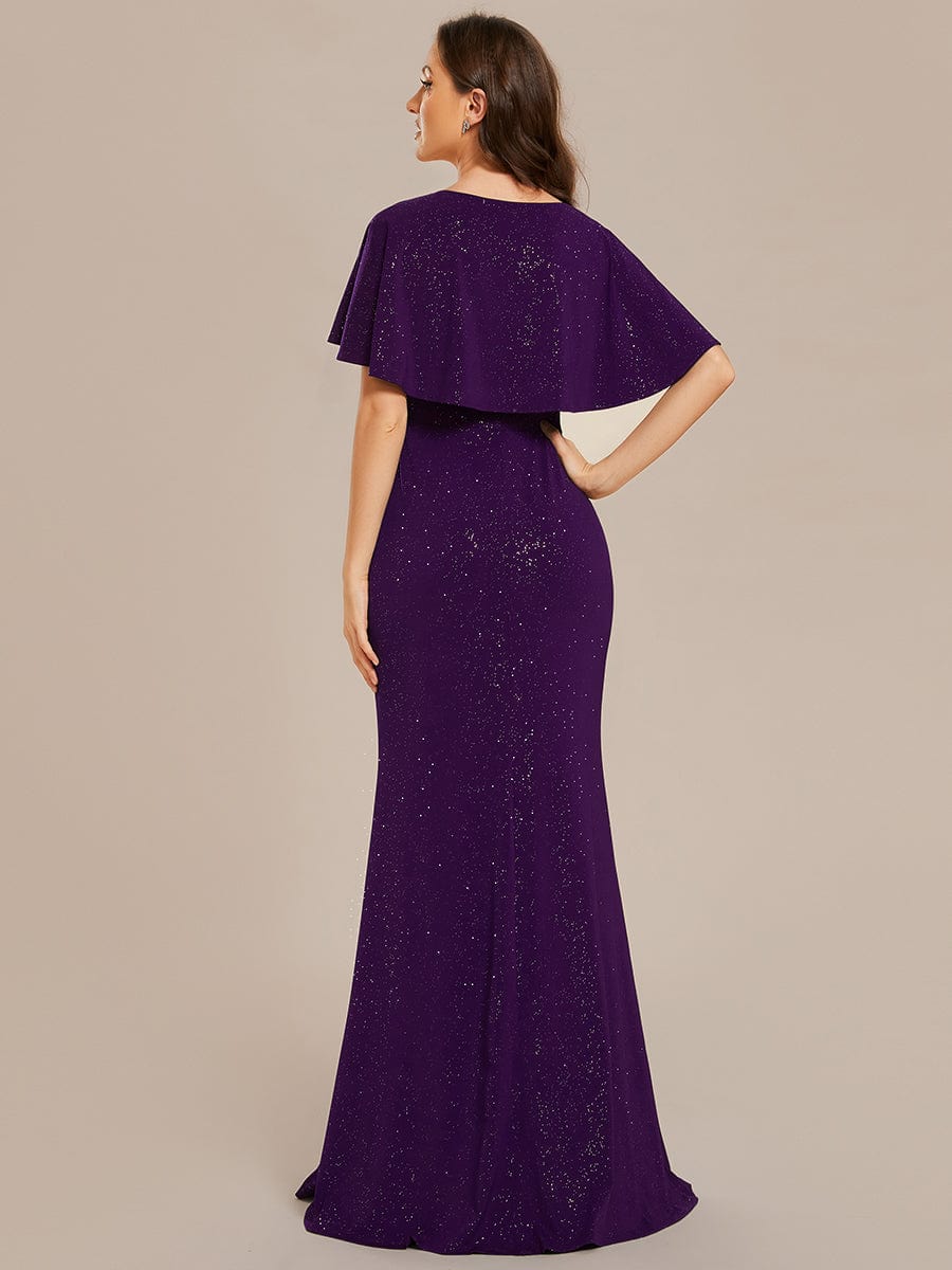 Glittery V-Neck Pleated Bat-Wing Sleeve Bodycon Waist-Cinching Evening Dress #color_Dark Purple