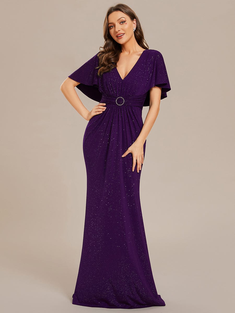 Glittery V-Neck Pleated Bat-Wing Sleeve Bodycon Waist-Cinching Evening Dress #color_Dark Purple