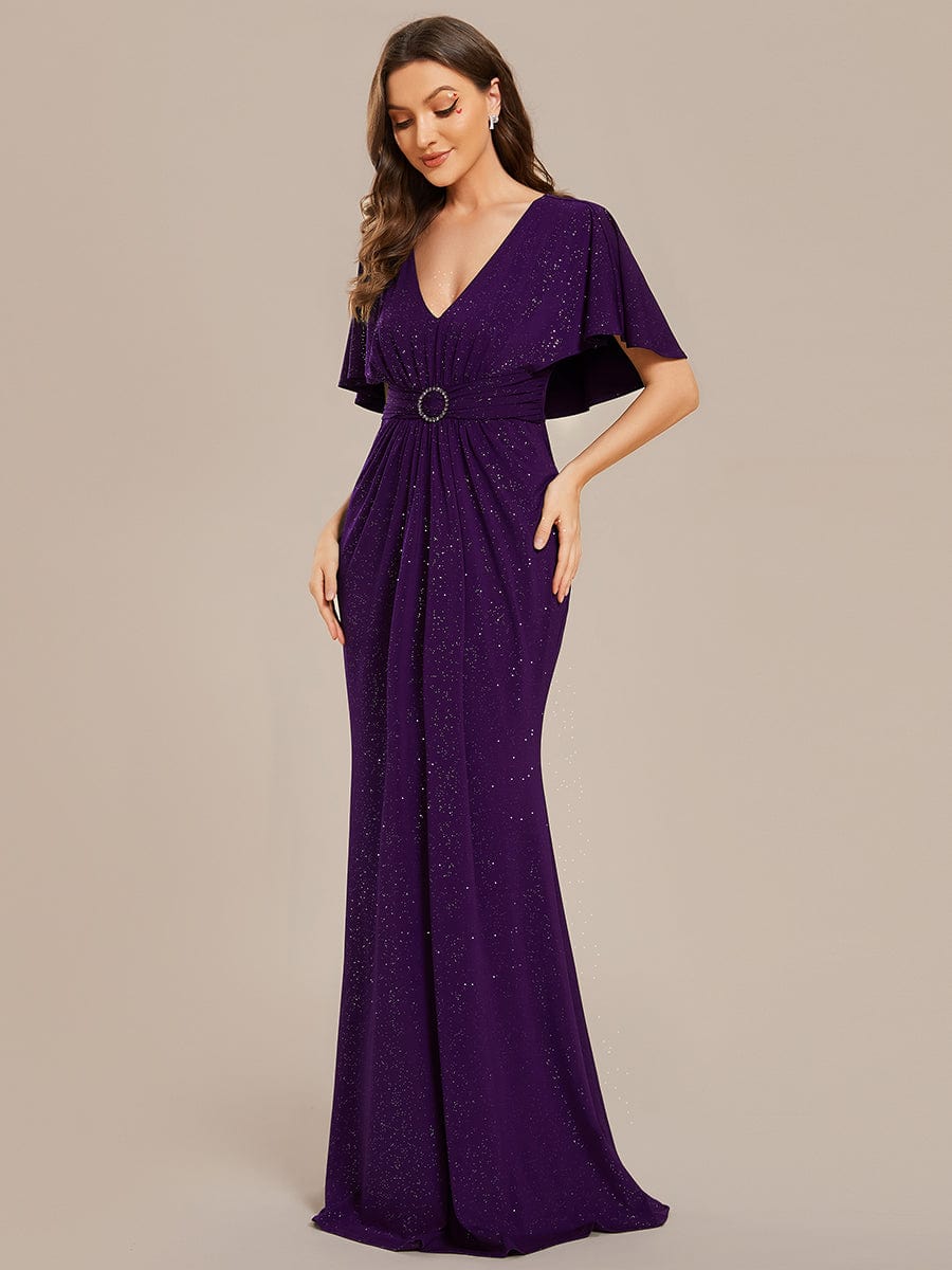 Glittery V-Neck Pleated Bat-Wing Sleeve Bodycon Waist-Cinching Evening Dress #color_Dark Purple