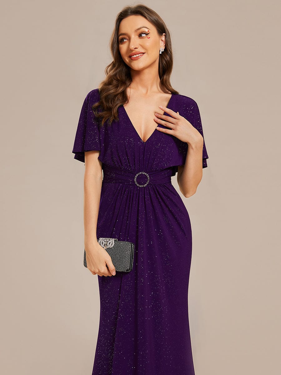 Glittery V-Neck Pleated Bat-Wing Sleeve Bodycon Waist-Cinching Evening Dress #color_Dark Purple