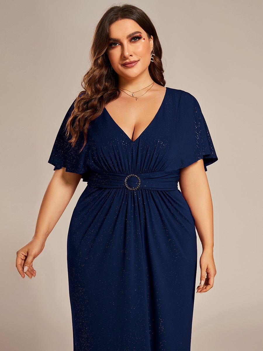 Plus Size Glitter Bat-Wing Sleeve Waist-Cinching Mermaid Evening Dress #color_Navy Blue