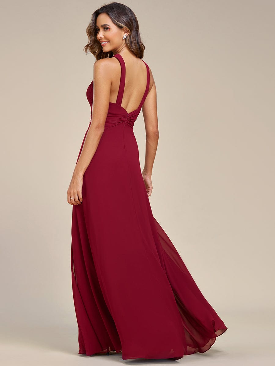 Halter Neck Pleated Chiffon Waist Buckle Decoration Maxi Evening Dress #color_Burgundy