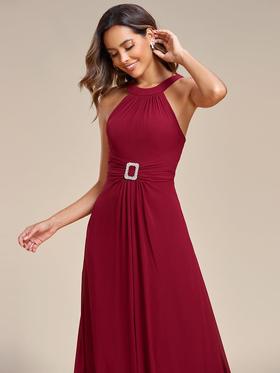 Halter Neck Pleated Chiffon Waist Buckle Decoration Maxi Evening Dress #color_Burgundy