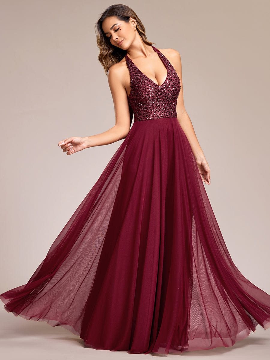 Ever Pretty Shop Sleeveless Sequin Halter A Line Tulle Sequin Dress Maroon Red