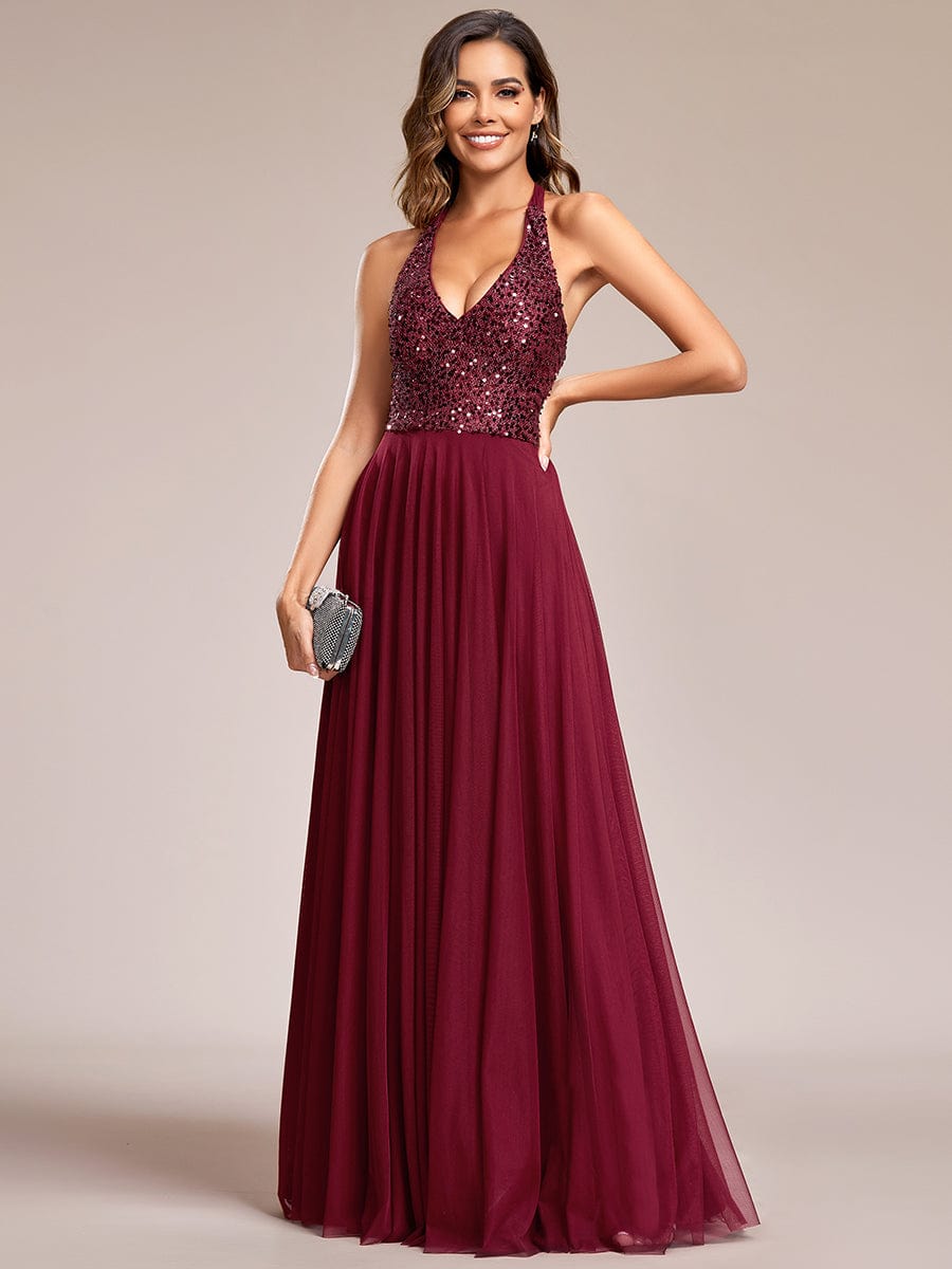 Sequin Halter Neck Top A-Line Backless Evening Dress with Tulle #color_Burgundy