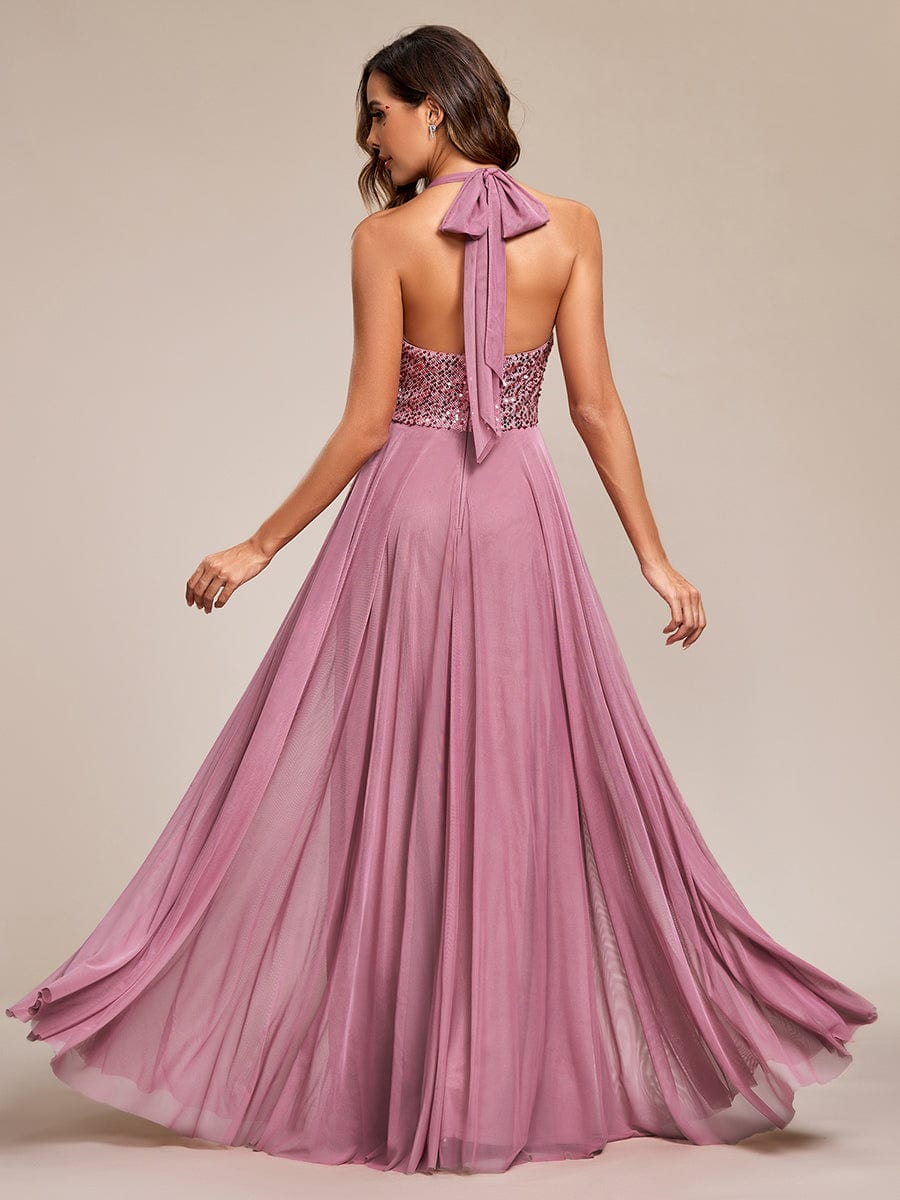 Sequin Halter Neck Top A-Line Backless Evening Dress with Tulle #color_Purple Orchid