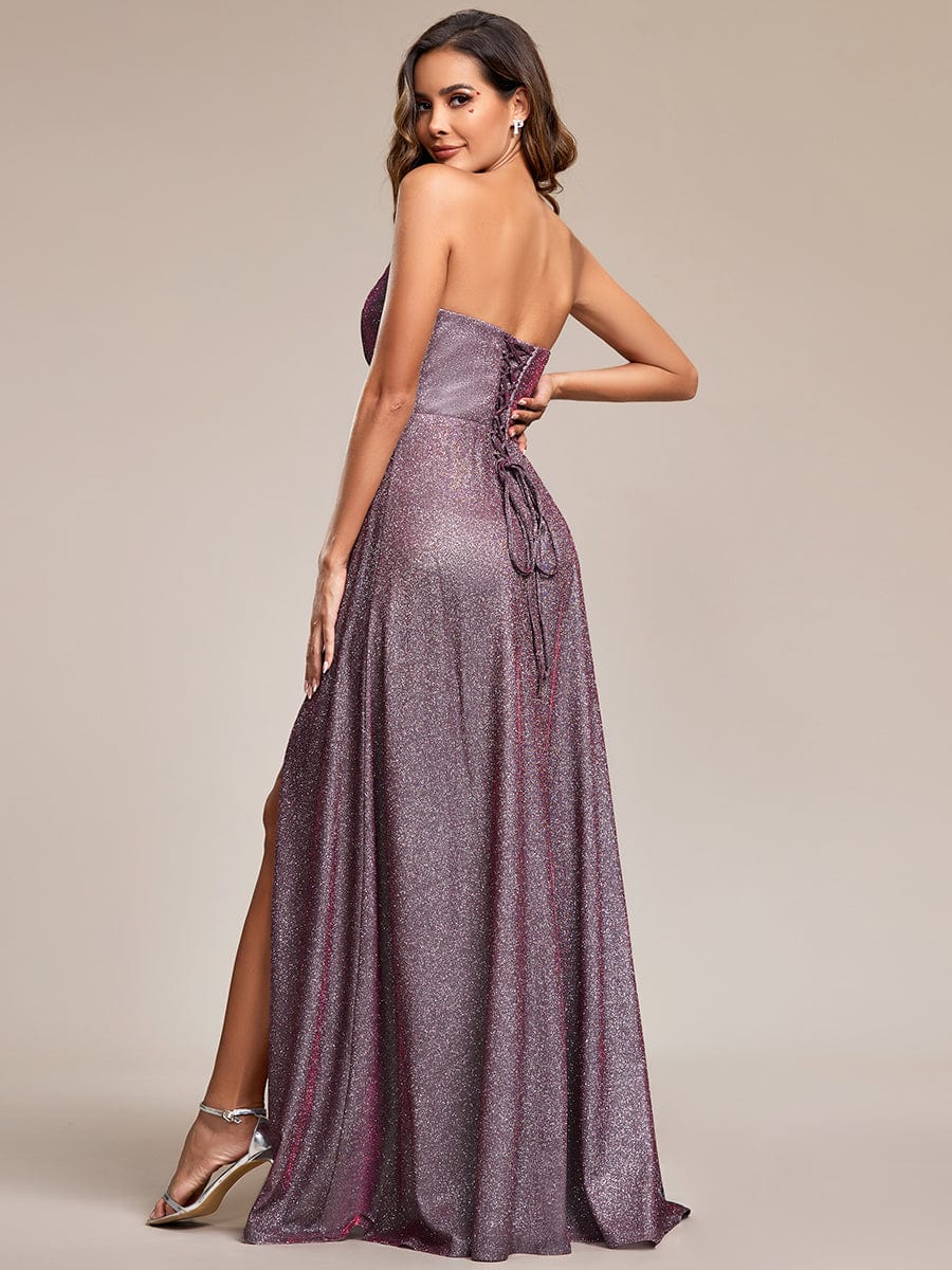 Shimmering Strapless A-Line Pleated Back-Laced High Slit Evening Dress #color_Metallic Rose