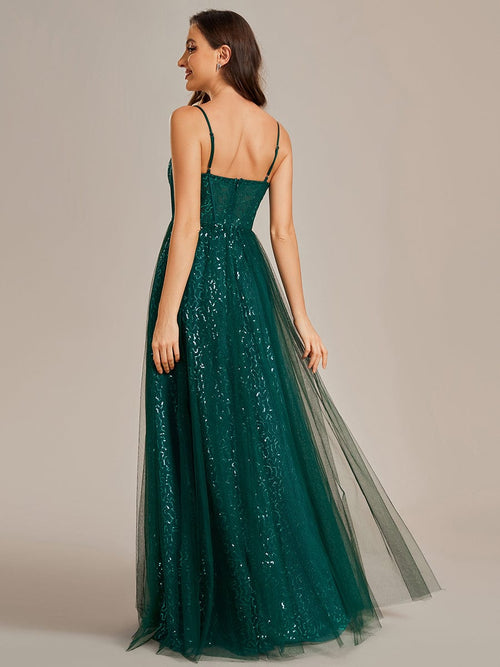 Exquisite Sequin Spaghetti Straps A-Line Backless Tulle Evening Dress ...