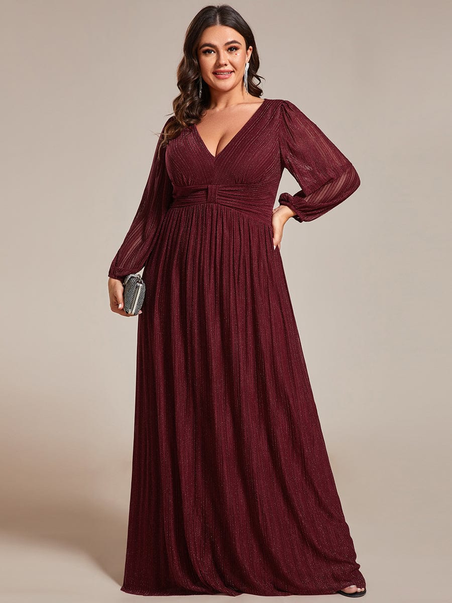 Plus Size Dazzling Empire Waist See-Through Long Sleeves A-Line Evening Dress #color_Burgundy