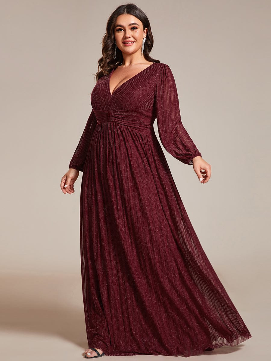 Plus Size Dazzling Empire Waist See-Through Long Sleeves A-Line Evening Dress #color_Burgundy